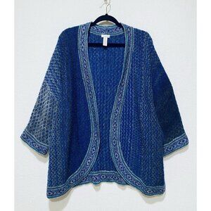 Chicos Cardigan Sweater Womens XL Blue Wool Mohair Open Front Western Aztec
